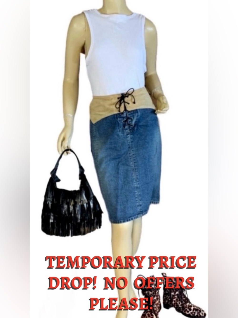 VINTAGE Y2K L.A. BLUES BLUE DENIM SKIRT W/TAN FAUX SUEDE WAIST (26)